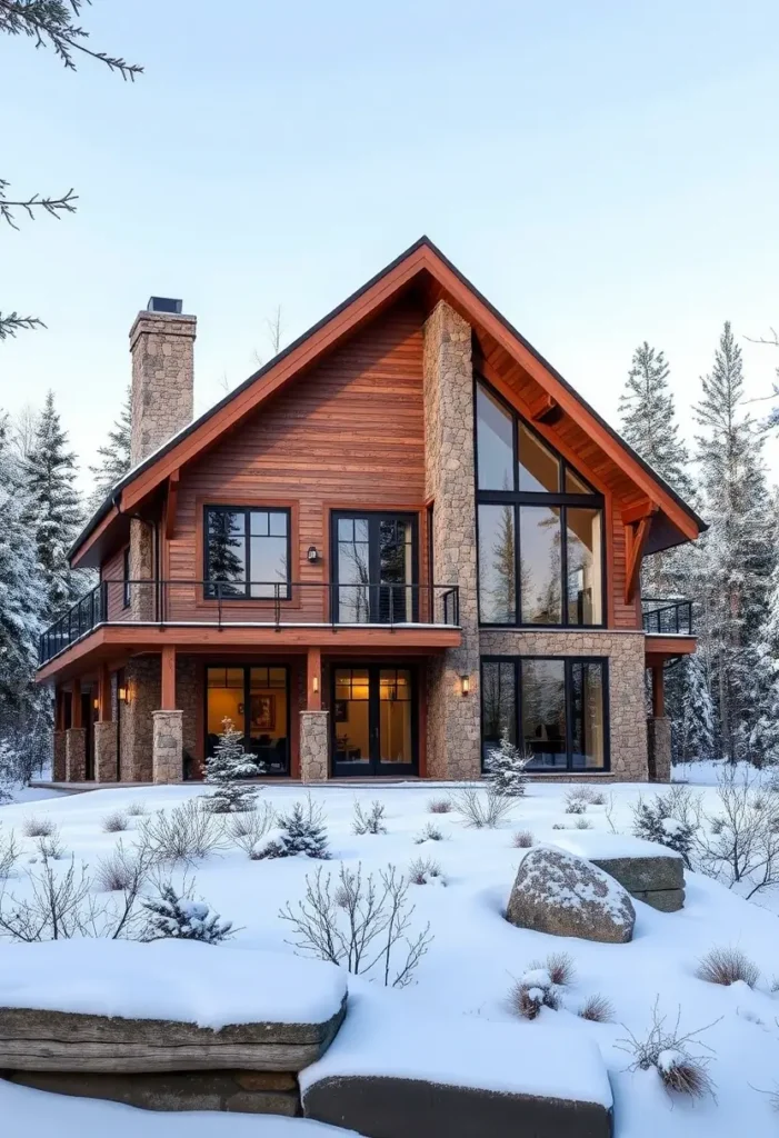 A grand timber cabin with stone pillars, large windows, and wraparound balconies surrounded by snow and forest trees.