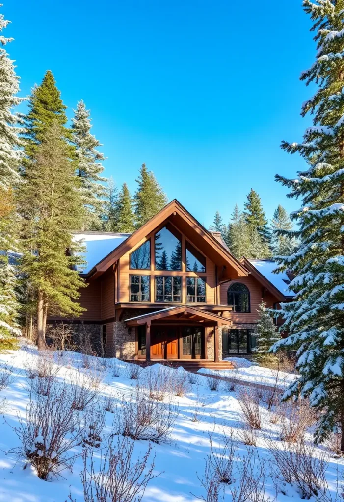 A spacious cabin with wood siding, large windows, and a covered porch surrounded by snow and tall trees.