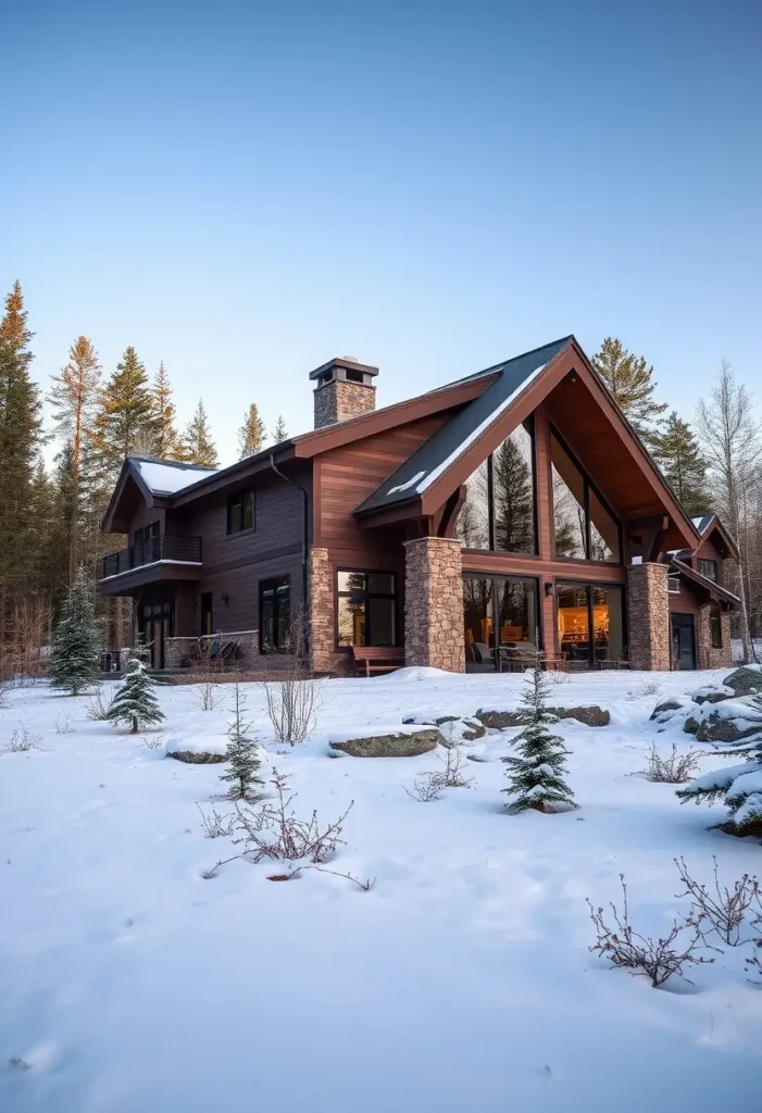 A modern A-frame cabin with wood siding, stone columns, and large windows set in a snowy forest landscape.