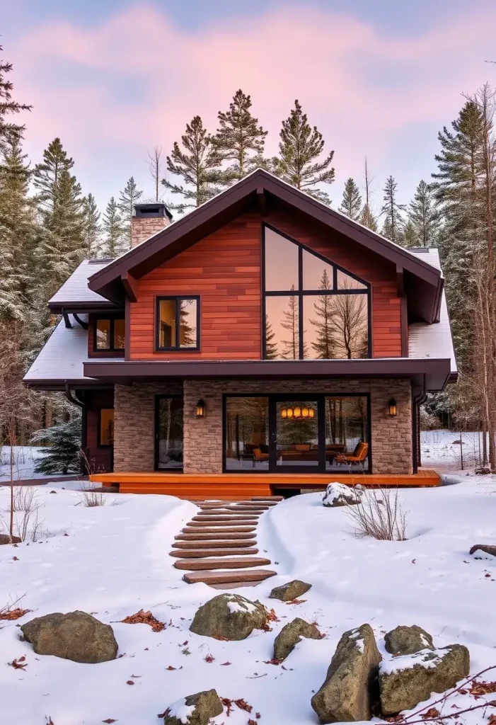 Rustic winter cabin with wood siding, stone foundation, large windows reflecting a pink sunset, and a stone pathway surrounded by snow.