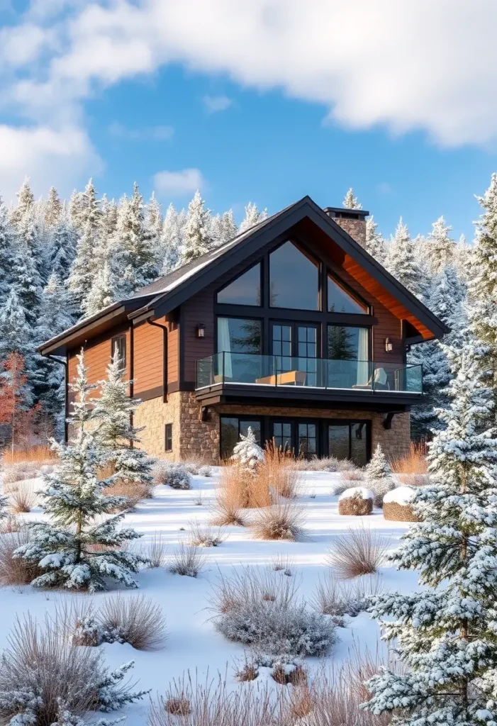 Modern winter cabin with glass balcony, large windows, wood siding, and a stone foundation, surrounded by snow-covered trees and shrubs.