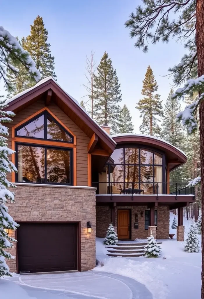 Modern cabin with a curved roof, stone and wood exterior, large glass windows, and balcony amidst snowy pine trees.