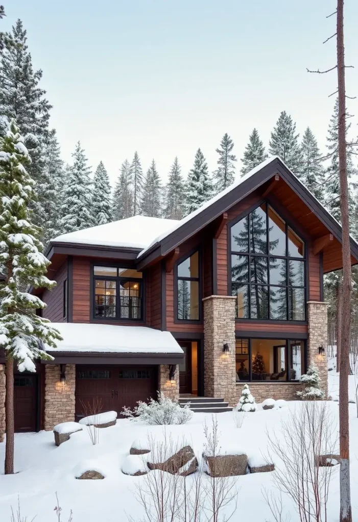 Rustic-modern cabin with stone pillars, large glass windows, and wood accents surrounded by a snowy landscape.