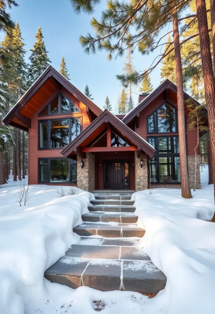 Rustic cabin with stone columns, large windows, and a gabled roofline surrounded by snow and trees. Cozy Winter Cabin