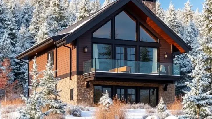 Modern winter cabin with glass balcony, large windows, wood siding, and a stone foundation, surrounded by snow-covered trees and shrubs. II