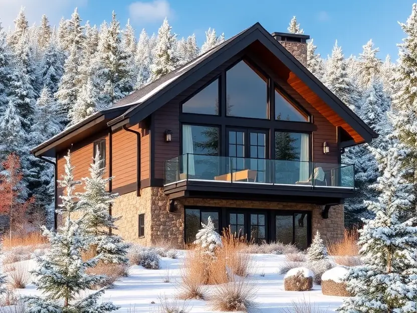 Modern winter cabin with glass balcony, large windows, wood siding, and a stone foundation, surrounded by snow-covered trees and shrubs. II