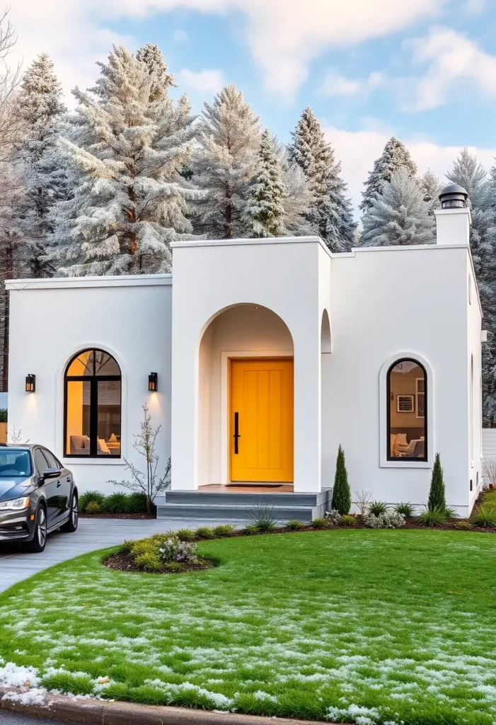 Elegant white home exterior with yellow front door and arched windows.