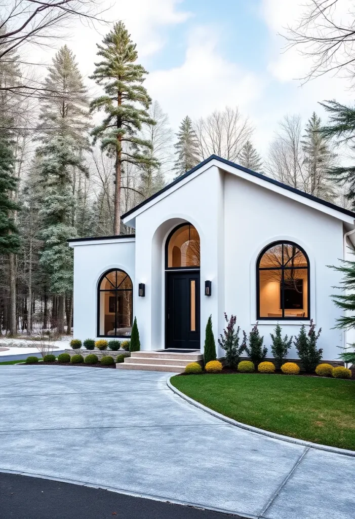 White home exterior with arched black-framed windows and minimalist landscaping.