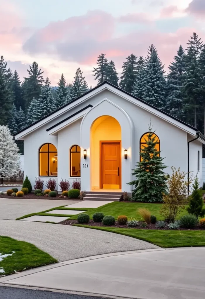 White home exterior with a warm wood door, arched windows, and lush landscaping.