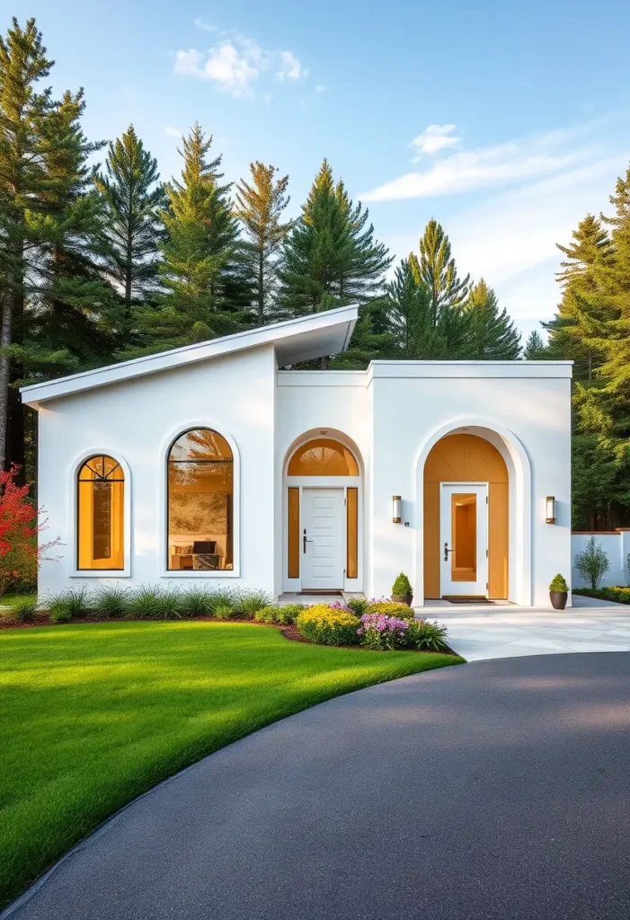  Modern white home exterior with an asymmetrical roofline, arched windows, and vibrant landscaping.