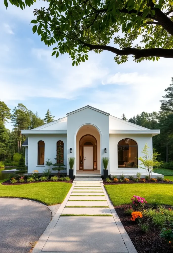 White home exterior with an arched entrance, stone pathway, and lush landscaping.