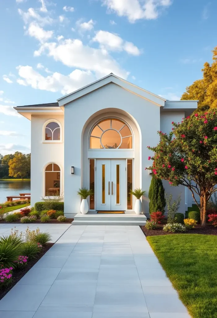 White home exterior with an arched glass entryway, symmetrical planters, and vibrant landscaping by a lake.