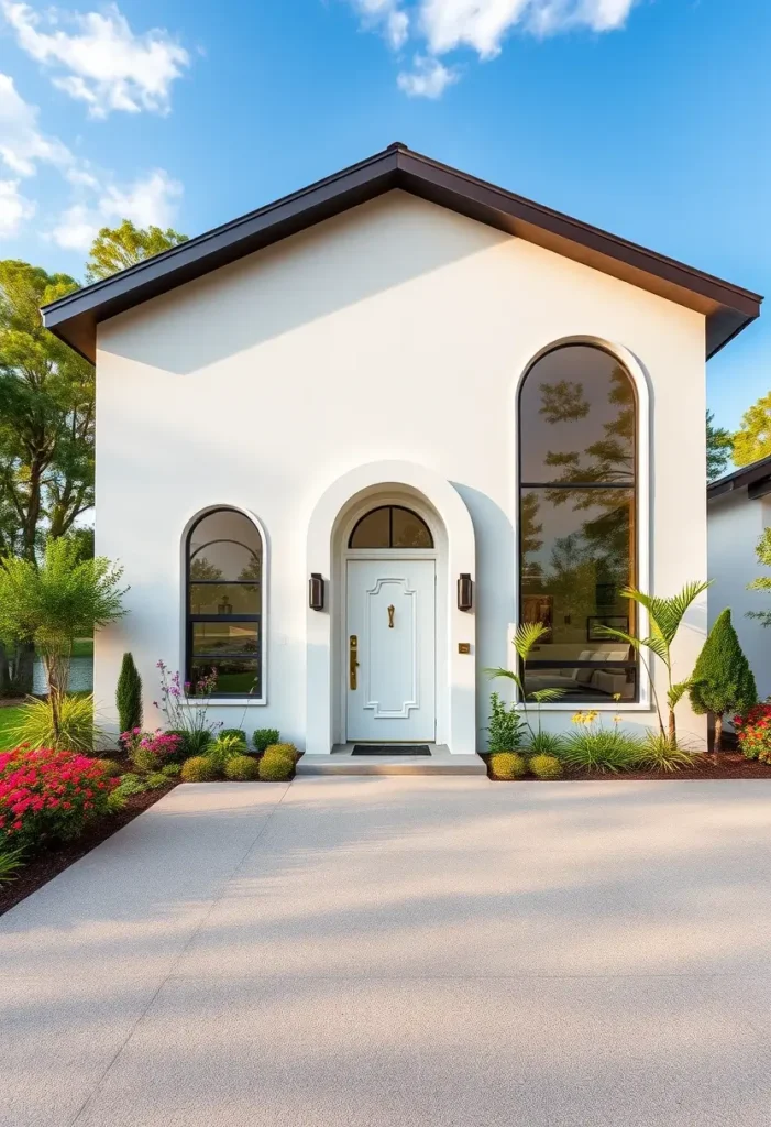 Minimalist white home exterior with arched windows, a detailed front door, and subtle landscaping.