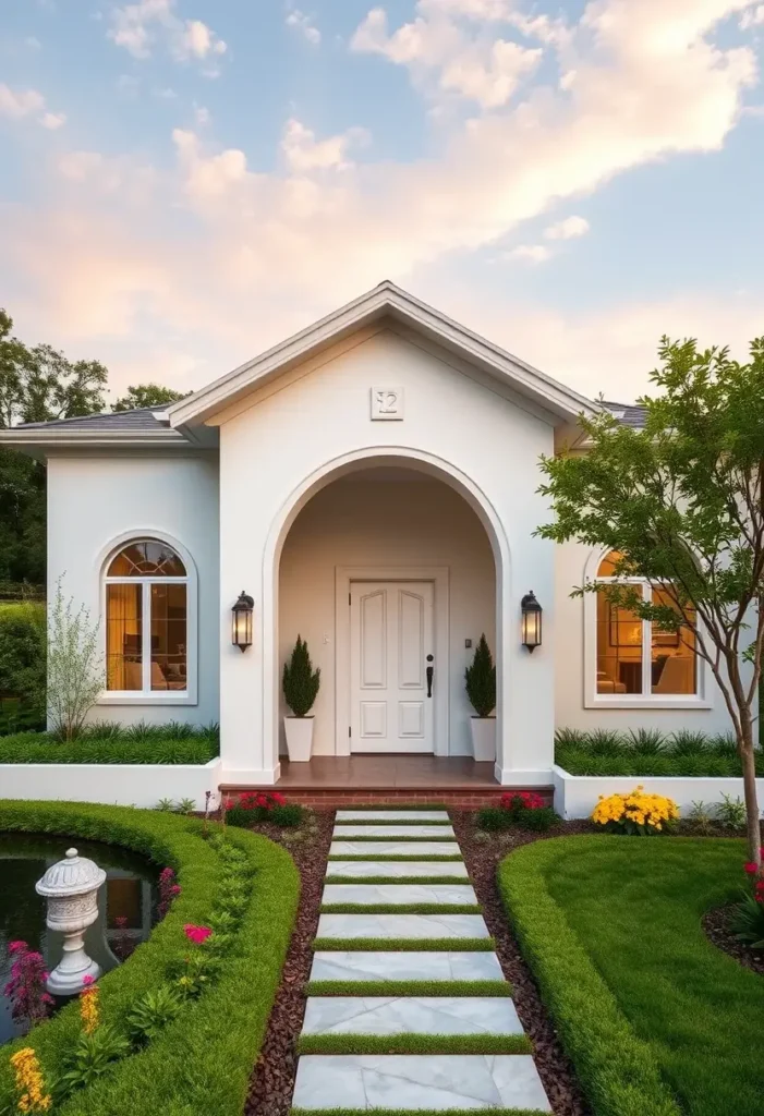 White home exterior with arched entrance, lush green pathway, and garden fountain.