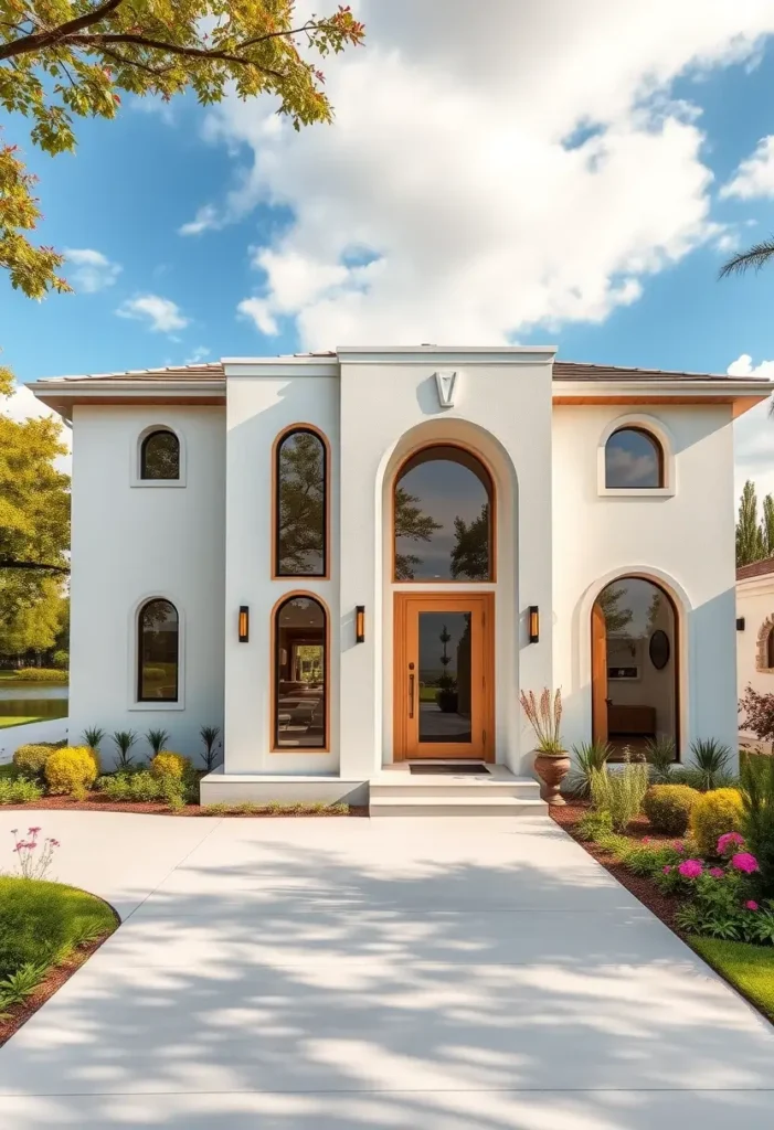 White home exterior with tall arched windows, a wooden door, and clean landscaping.