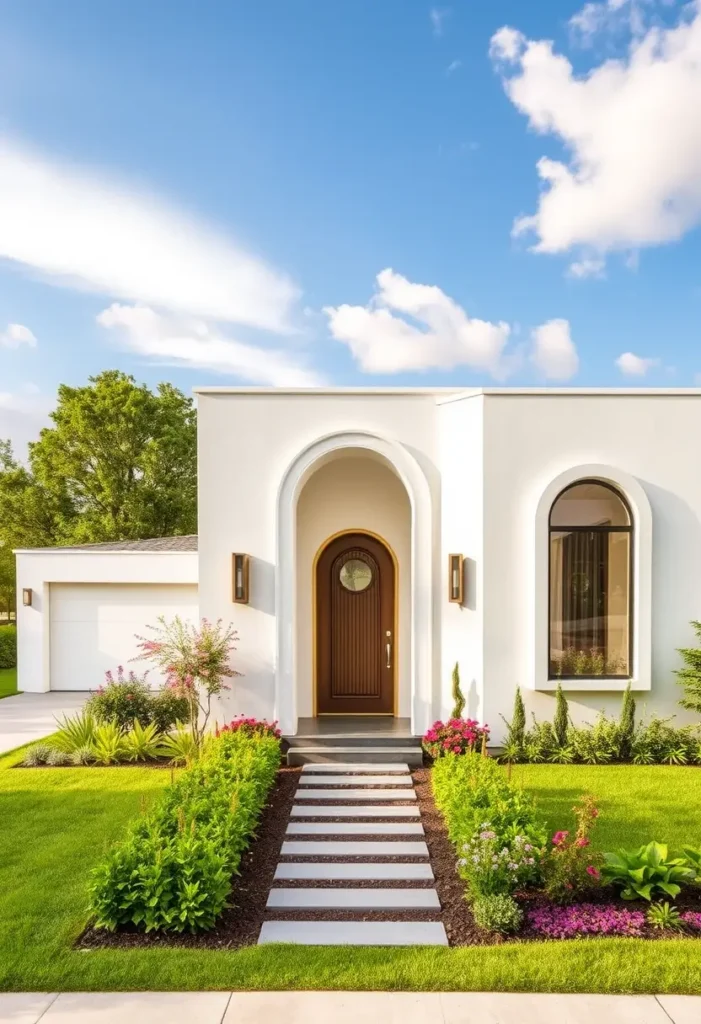 Minimalist white home exterior with arched doorway, stepping-stone pathway, and lush garden landscaping.