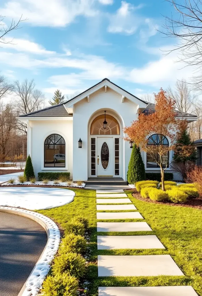 White home exterior with an arched doorway, decorative glass, and manicured landscaping.