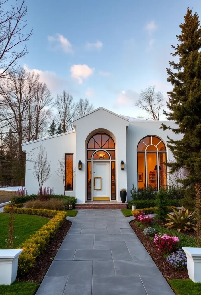 White home exterior with arched windows, a grand entrance, and sunset lighting.