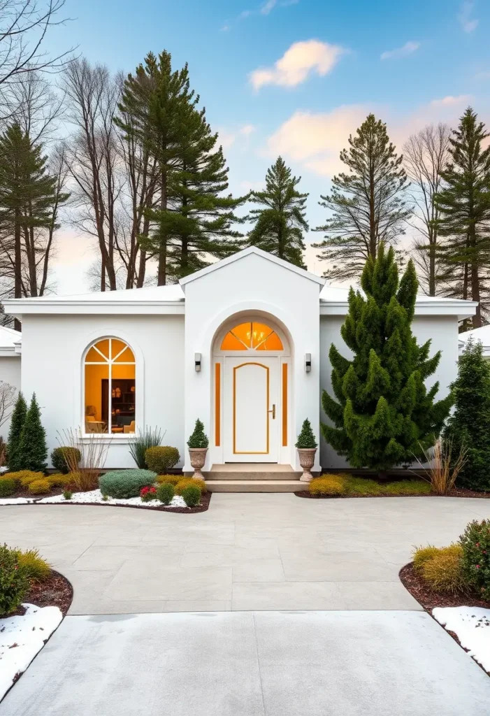 White home exterior with arched doorway, golden door accents, and symmetrical landscaping.