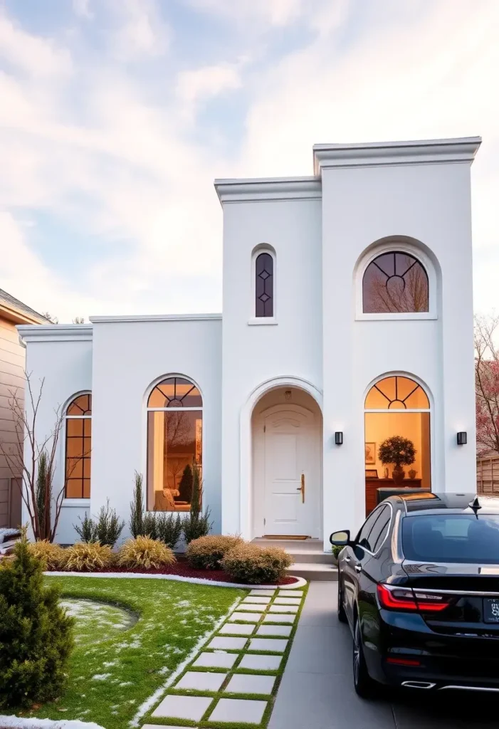 White home exterior with a tower-like structure, arched windows, and a modern pathway.