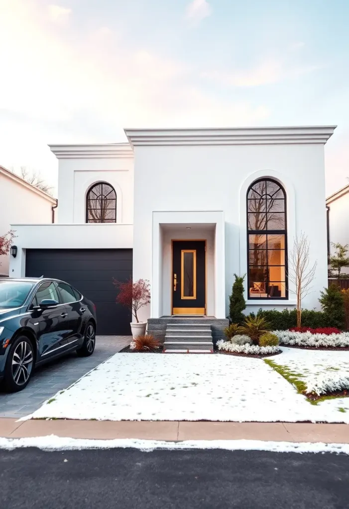 Minimalist white home exterior with black and gold accents, arched windows, and a black garage.