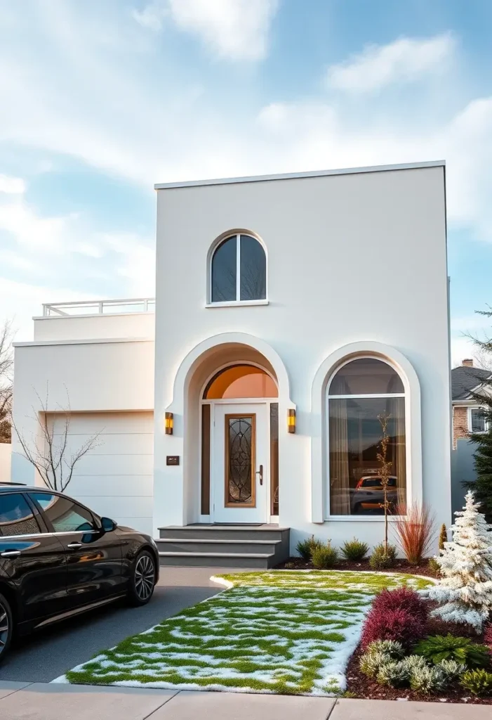 Minimalist white home exterior with arched windows, a decorative glass door, and a rooftop terrace.