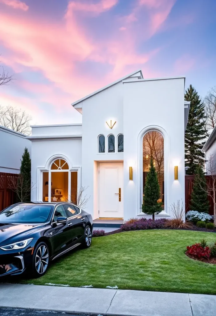 Contemporary white home exterior with tall windows, gold light fixtures, and a minimalist design.