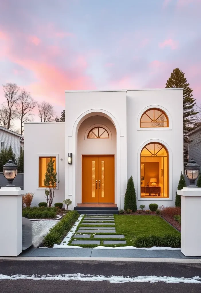 White home exterior with golden double doors, arched windows, and a structured pathway.