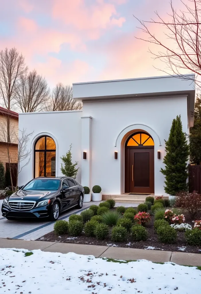 White home exterior with a deep brown door, arched windows, and minimalist landscaping.