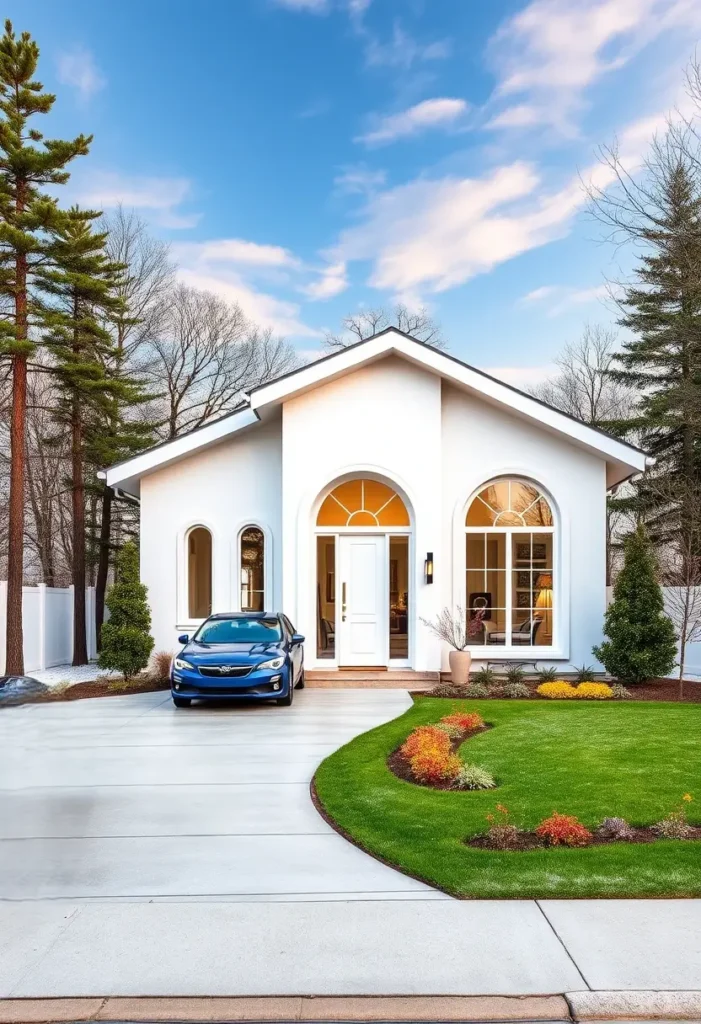 White home exterior with symmetrical arched windows, a glass door, and bright landscaping.