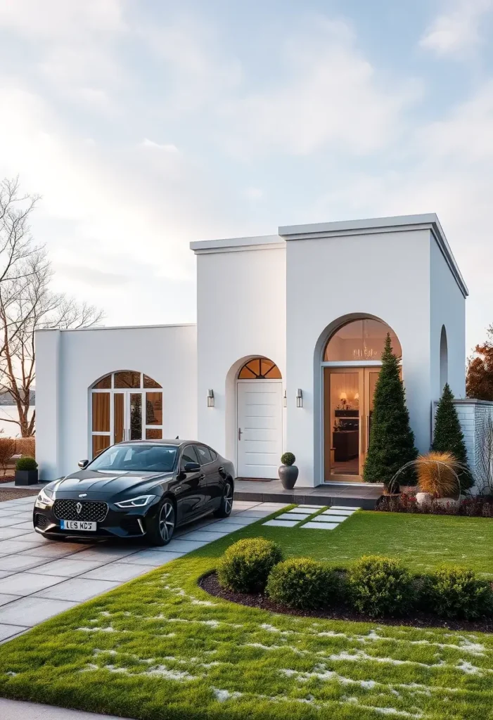  Modern white home exterior with arched windows, symmetrical greenery, and geometric pavers.