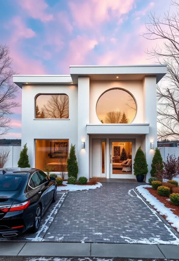 Contemporary white home exterior with a circular window, sleek rectangular accents, and soft lighting.