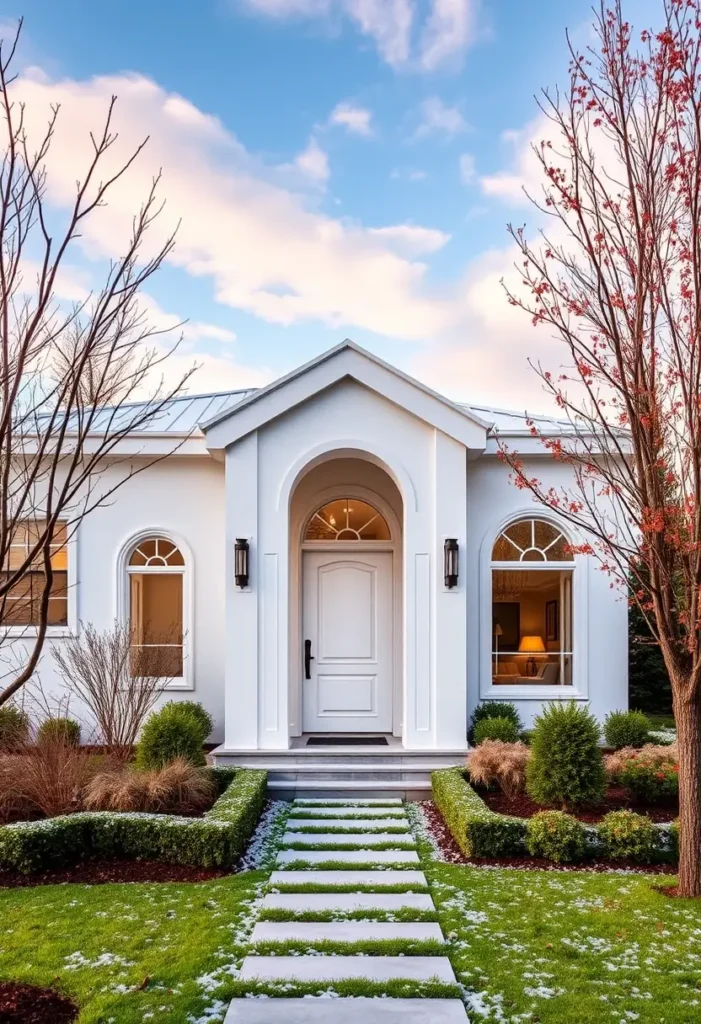 White cottage-style home exterior with arched windows, a white-paneled door, and a landscaped pathway.