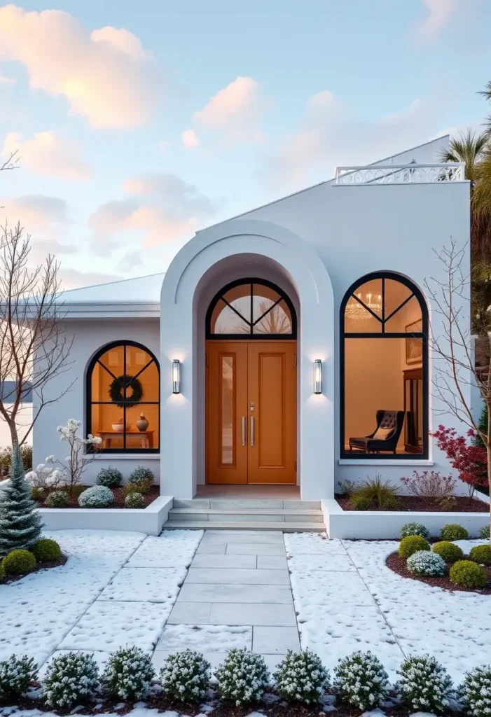 White home exterior with orange double doors, arched windows, and snow-dusted landscaping.