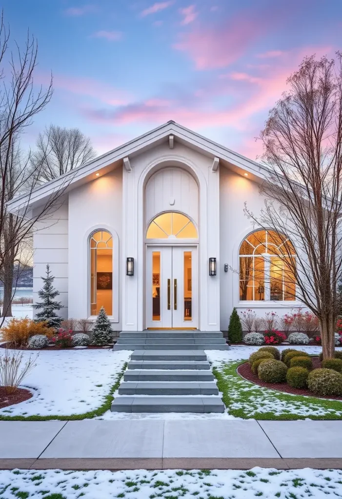 White home with arched windows, double doors, and snowy landscaping under a pastel sky.