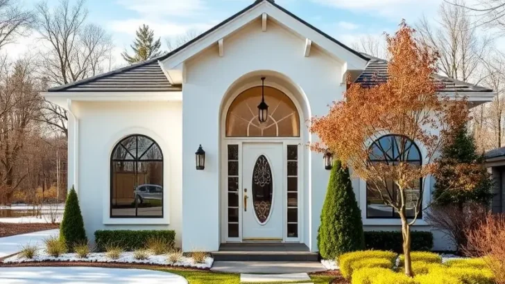 White home exterior with an arched doorway, decorative glass, and manicured landscaping.