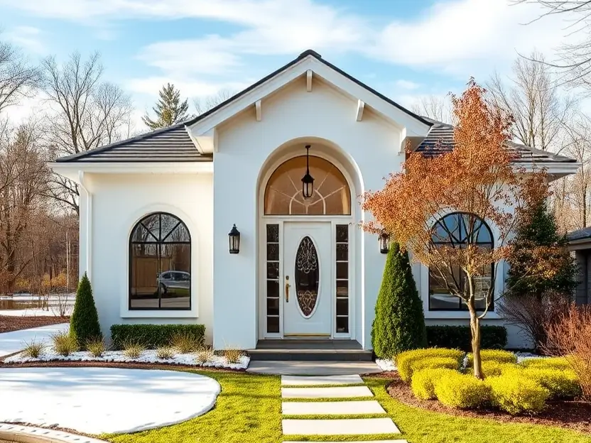 White home exterior with an arched doorway, decorative glass, and manicured landscaping.