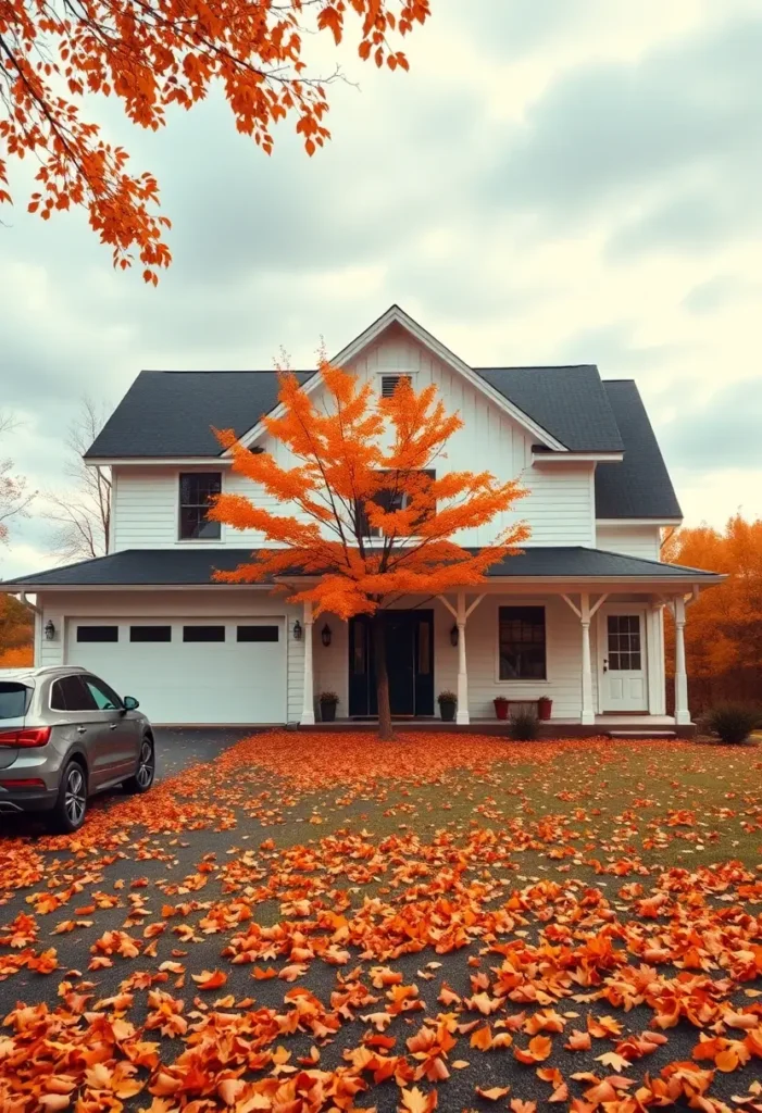 White farmhouse with a vibrant orange maple tree and scattered fall leaves.