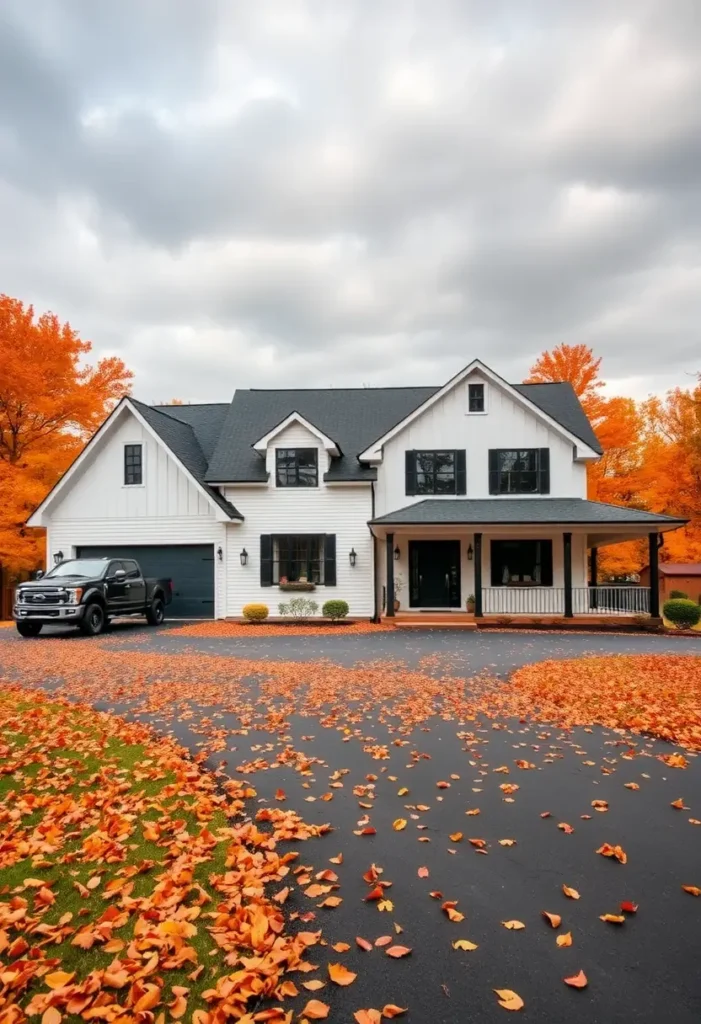 Black and white farmhouse surrounded by vibrant orange autumn trees and scattered leaves.