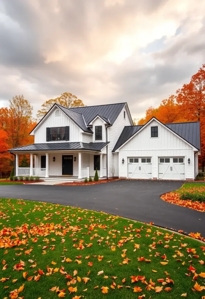 White farmhouse with a black metal roof surrounded by autumn trees and scattered fall leaves.