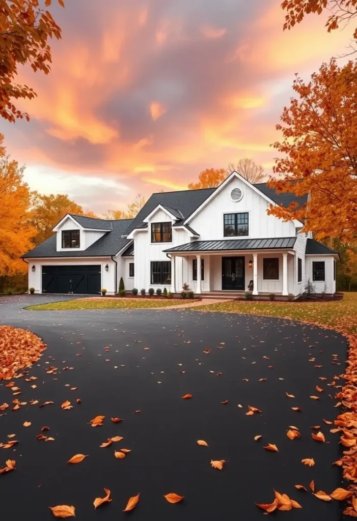 White farmhouse with a wraparound porch and vibrant sunset sky surrounded by fall foliage.