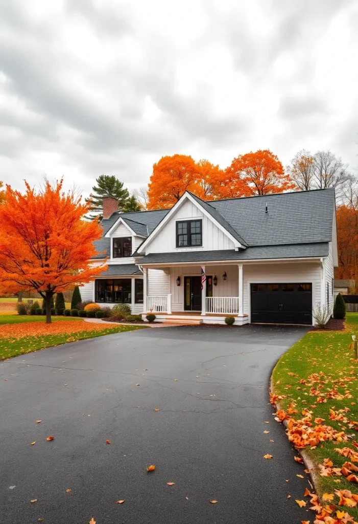 White farmhouse with orange autumn trees, black accents, and an American flag.