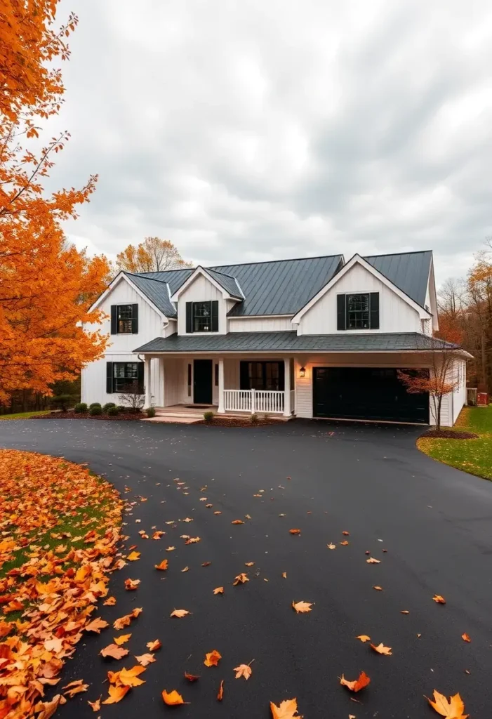 Modern farmhouse with a black metal roof, white exterior, and vibrant autumn foliage.