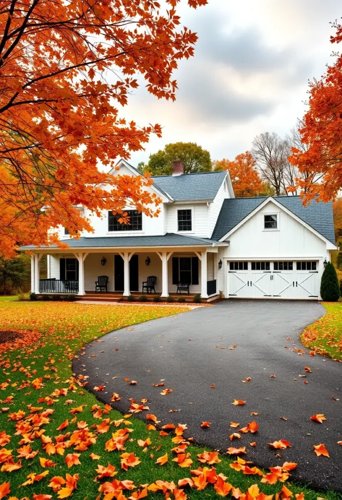 White farmhouse with a wraparound porch, barn-style garage doors, and vibrant autumn leaves.