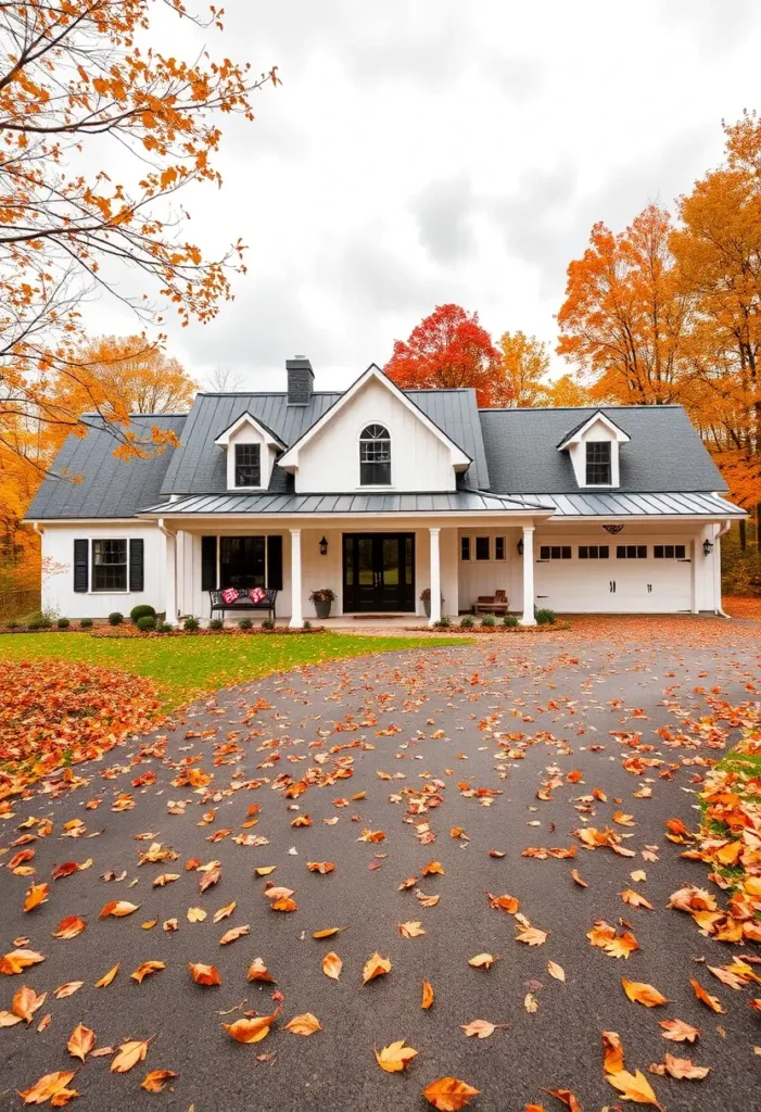 White country house with a black metal roof, autumn trees, and scattered fall leaves.