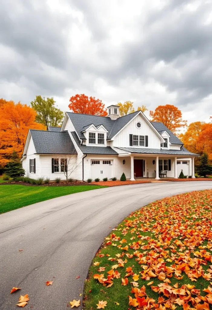 White farmhouse with a curved driveway, black shutters, and vibrant fall trees.