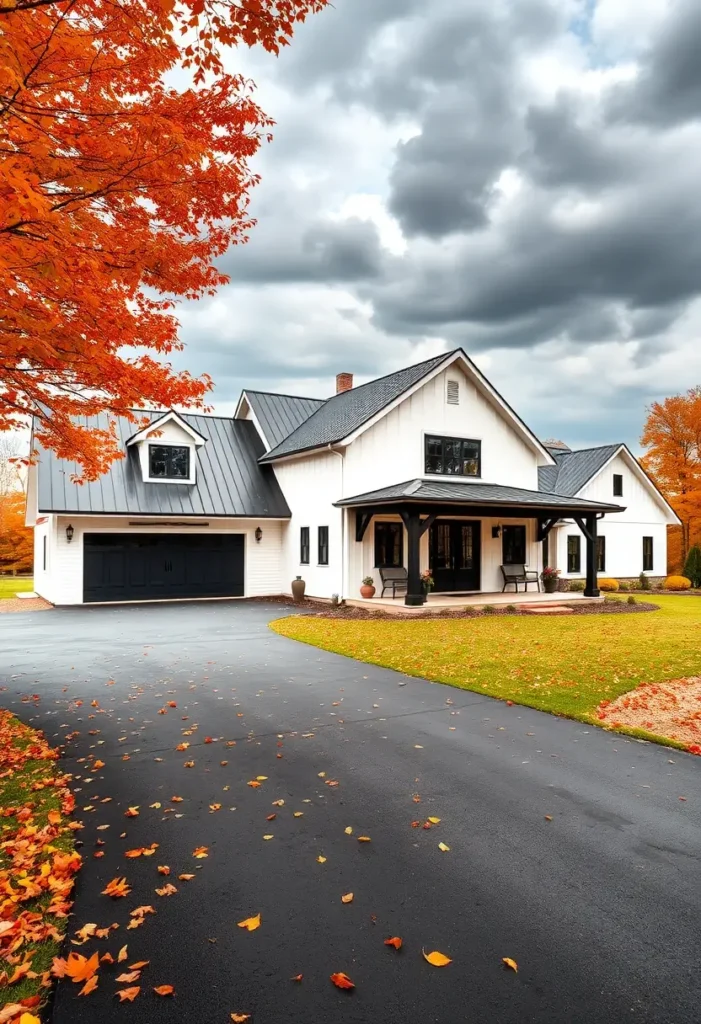 White farmhouse with a black metal roof, porch, and autumn foliage under a cloudy sky.