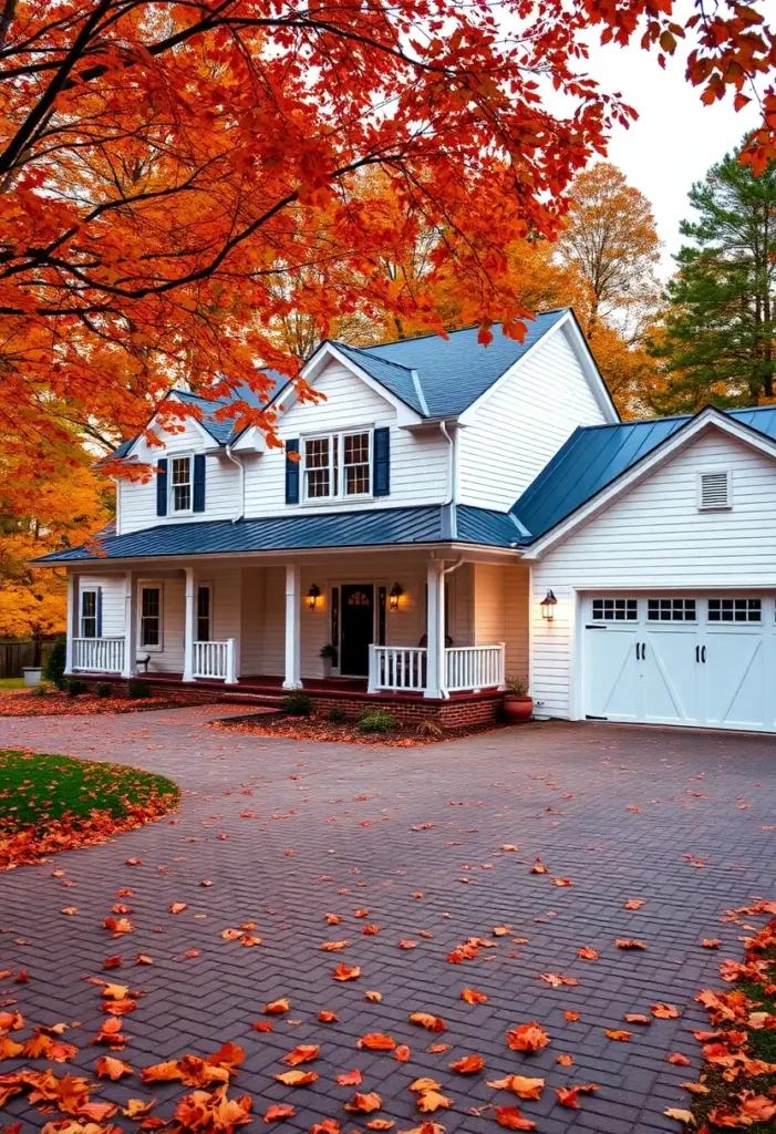 Colonial-style white farmhouse with blue shutters, brick driveway, and autumn foliage.