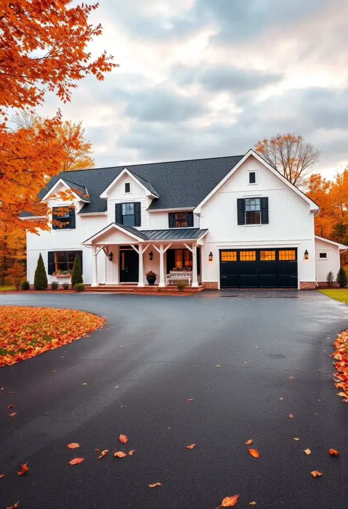 White farmhouse with black shutters and garage doors, surrounded by autumn foliage.