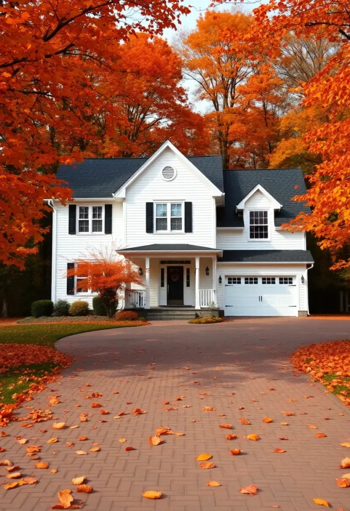 White farmhouse with black shutters and a paved driveway, surrounded by vibrant autumn trees.